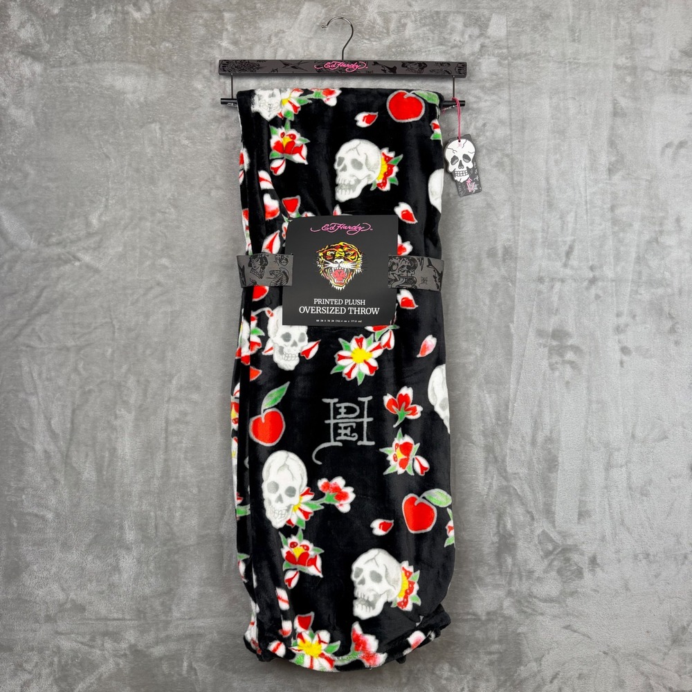 Ed Hardy Black Skull Cherry Floral Printed Plush Oversized Throw Blanket 60x70
